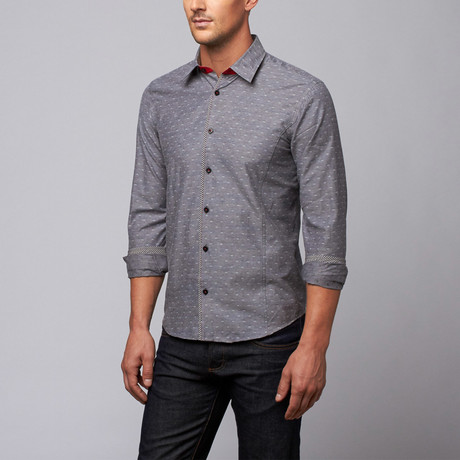 Eight X // Slim Fit Button-Up Shirt + Plaid Trim // Charcoal Grey (XS)