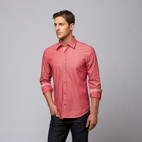 Slim Fit Button Up Shirt + Paisley Trim // Crimson (XS)