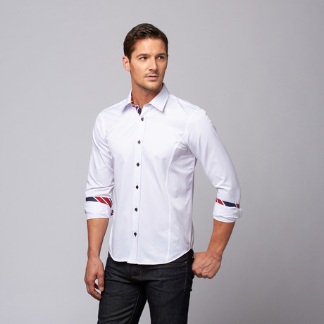 Slim Fit Button Up Shirt + Royal Blue + Red Stripe Trim // White (XS)