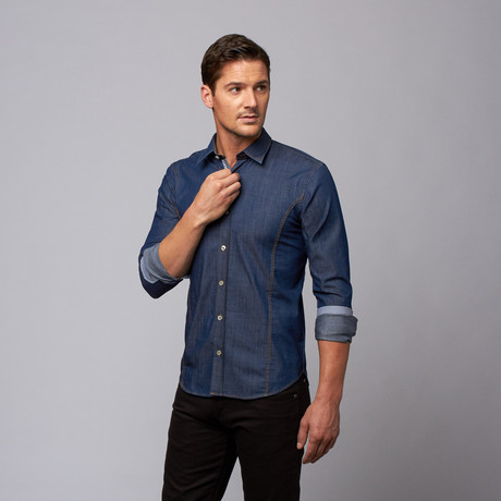 Slim Fit Button Up Shirt + Blue Plaid Trim // Chambray Blue (XS)