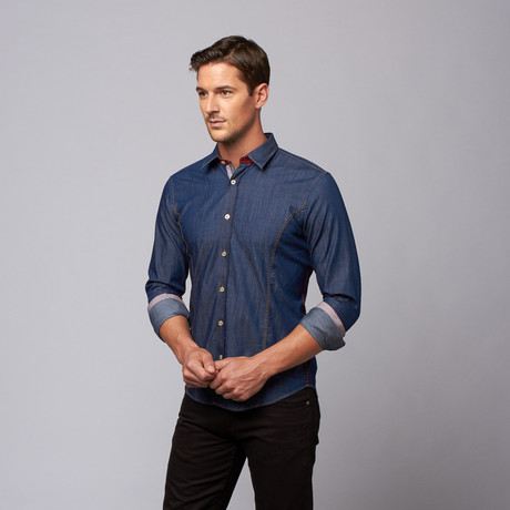 Slim Fit Button Up Shirt + Red Plaid Trim // Chambray Blue (XS)