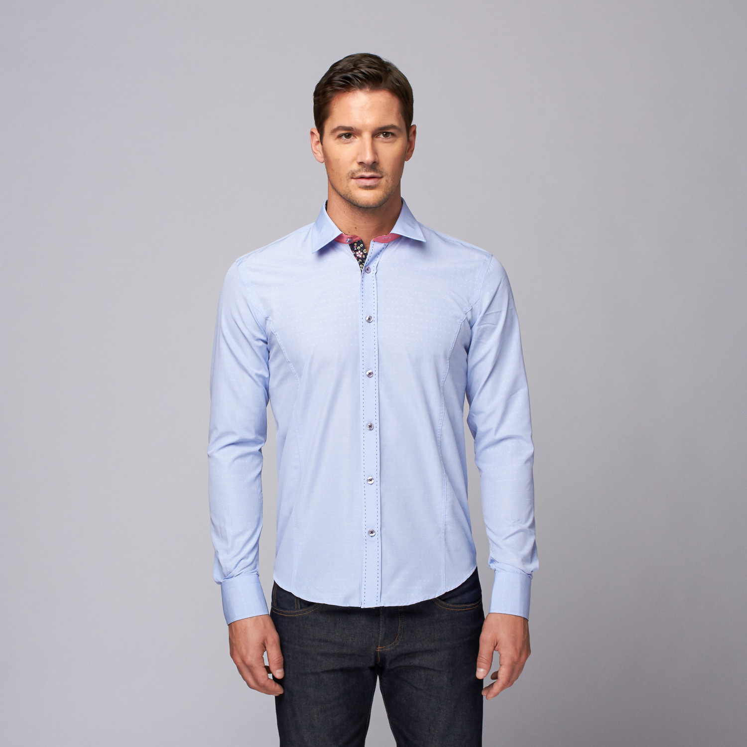 Slim Fit Button Up Shirt + Floral Trim // Light Blue (XS) - Eight-X ...