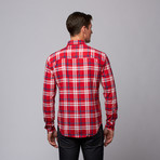 Plaid Button-Up Shirt + Floral Trim // Red + Navy (XS)