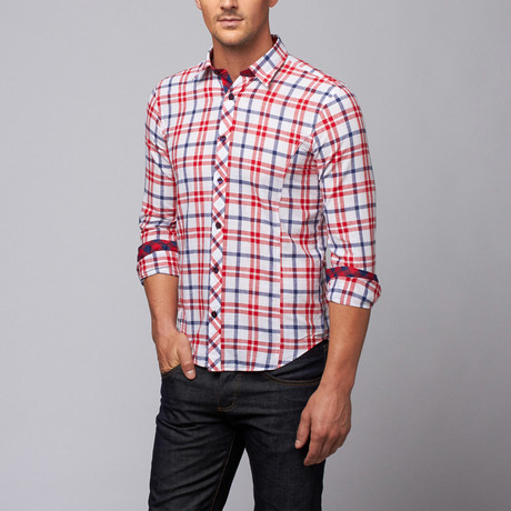 Slim Fit Button-Up Shirt // Red + Navy (XS)