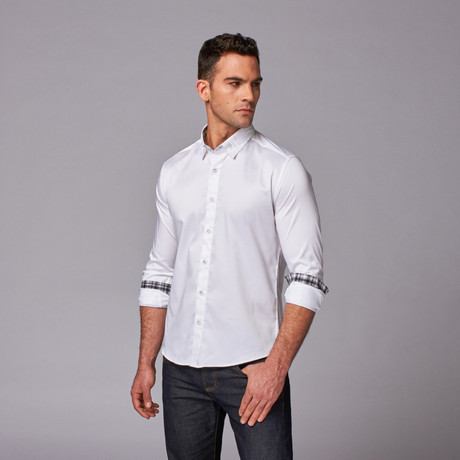 European Button Up Shirt + Black Plaid Cuffs // White (S)