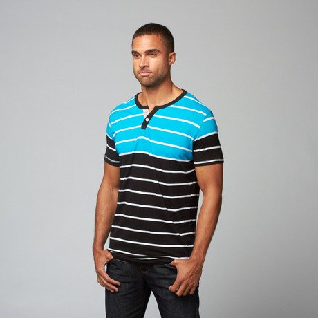 Alpha Beta // Striped Henley Crew // Hawaiian Ocean + Blac (S)