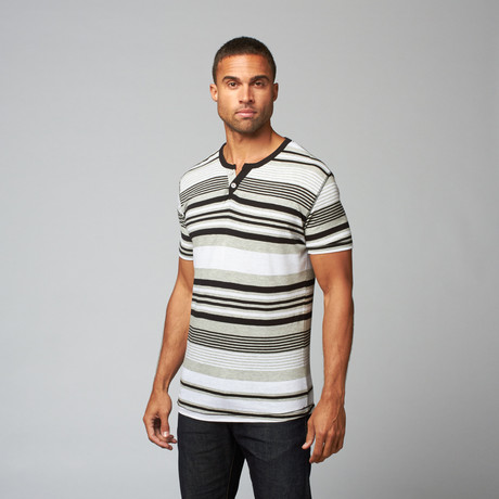 Alpha Beta // Striped Henley Crew // Black + Grey (S)