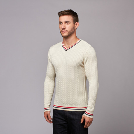 Cable Knit V-Neck Sweater // Off White + Red + Navy (S)