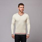 Cable Knit V-Neck Sweater // Off White + Red + Navy (XL)