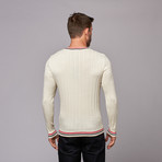 Cable Knit V-Neck Sweater // Off White + Red + Navy (XL)