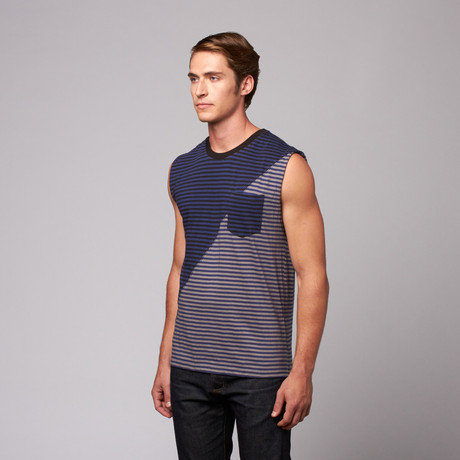 Paneled Stripe Muscle Tee // Blue + Grey (XS)