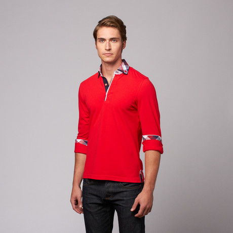 Long Sleeve Pique Polo // Red + Check (S)