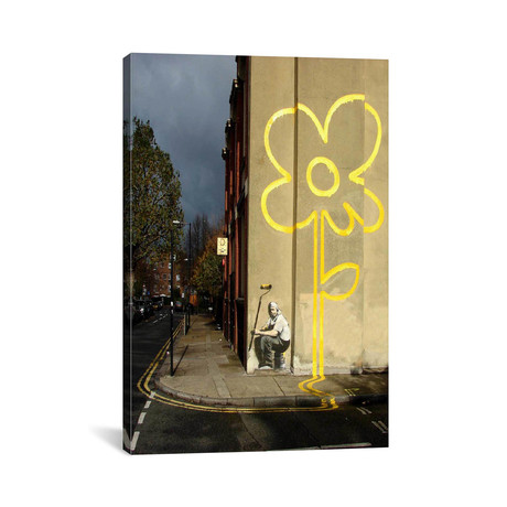 Yellow Lines Flower Painter // Banksy (26"W x 18"H x 0.75"D)