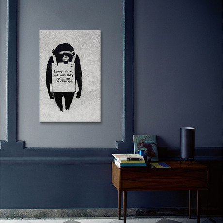 Laugh Now, Sandwich Board-Wearing Monkey // Banksy (26"W x 18"H x 0.75"D)