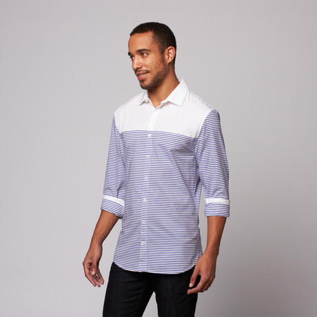 Ofo Stripe Button Up Shirt // White + Navy (S)