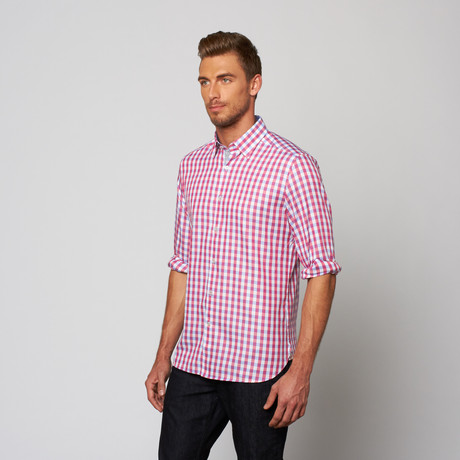 Check Button Up Dress Shirt // Pink + Blue (XS)