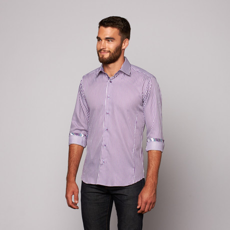 THOMAS Button Up Shirt // Purple + White Stripe (M)