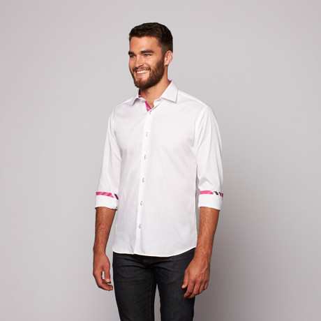 THOMAS Button Up Shirt // White + Dark Pink Plaid (S)