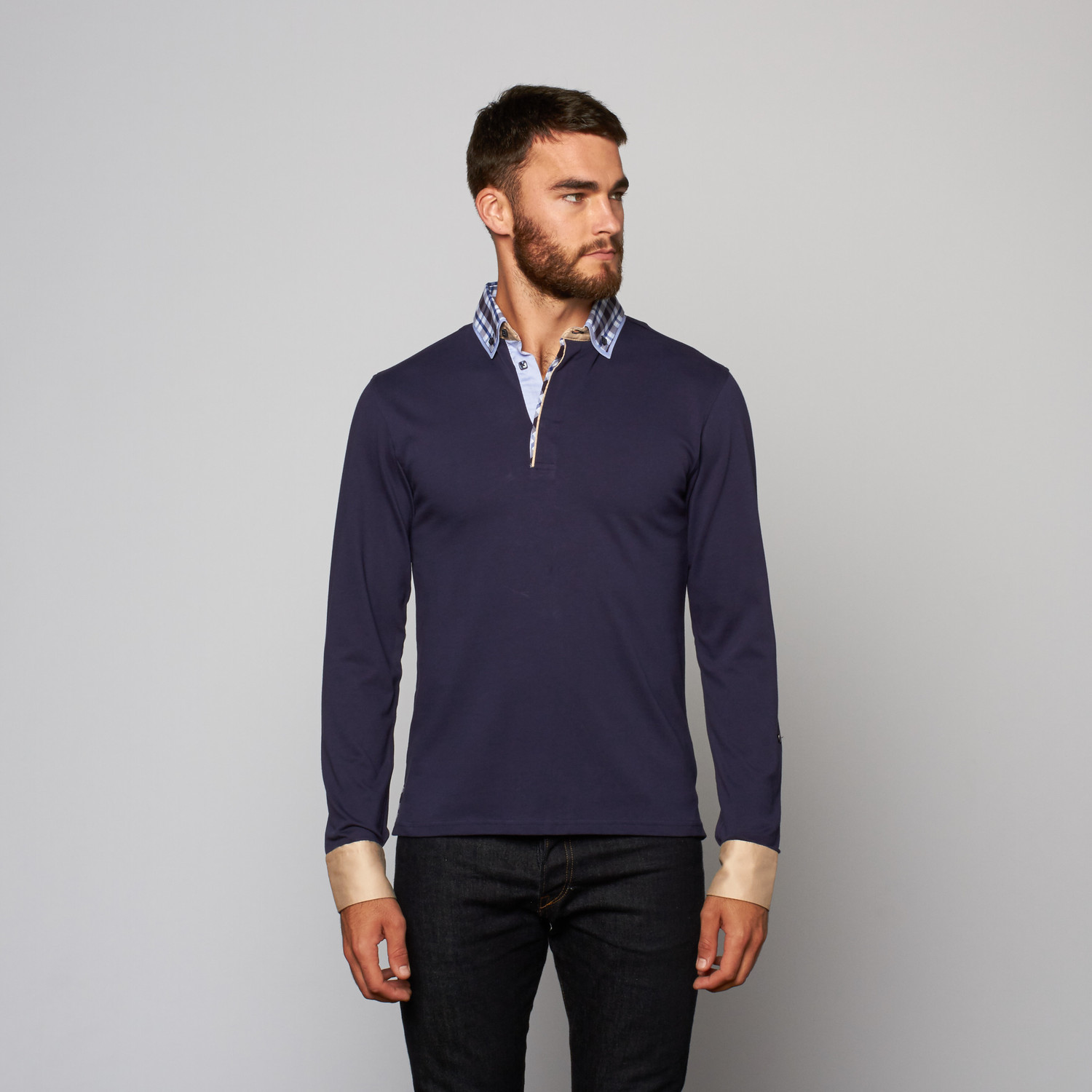 Long Sleeve Polo // Blue + Tan (S) - Maceoo - Touch of Modern