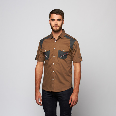 Contrast Button Up // Olive + Charcoal (S)