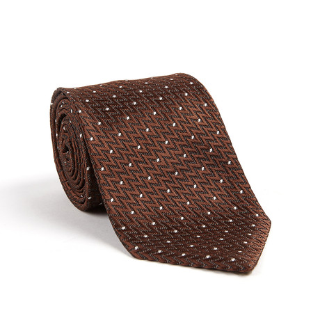 Beaded White Dot Zig Zag Silk Tie // Brown