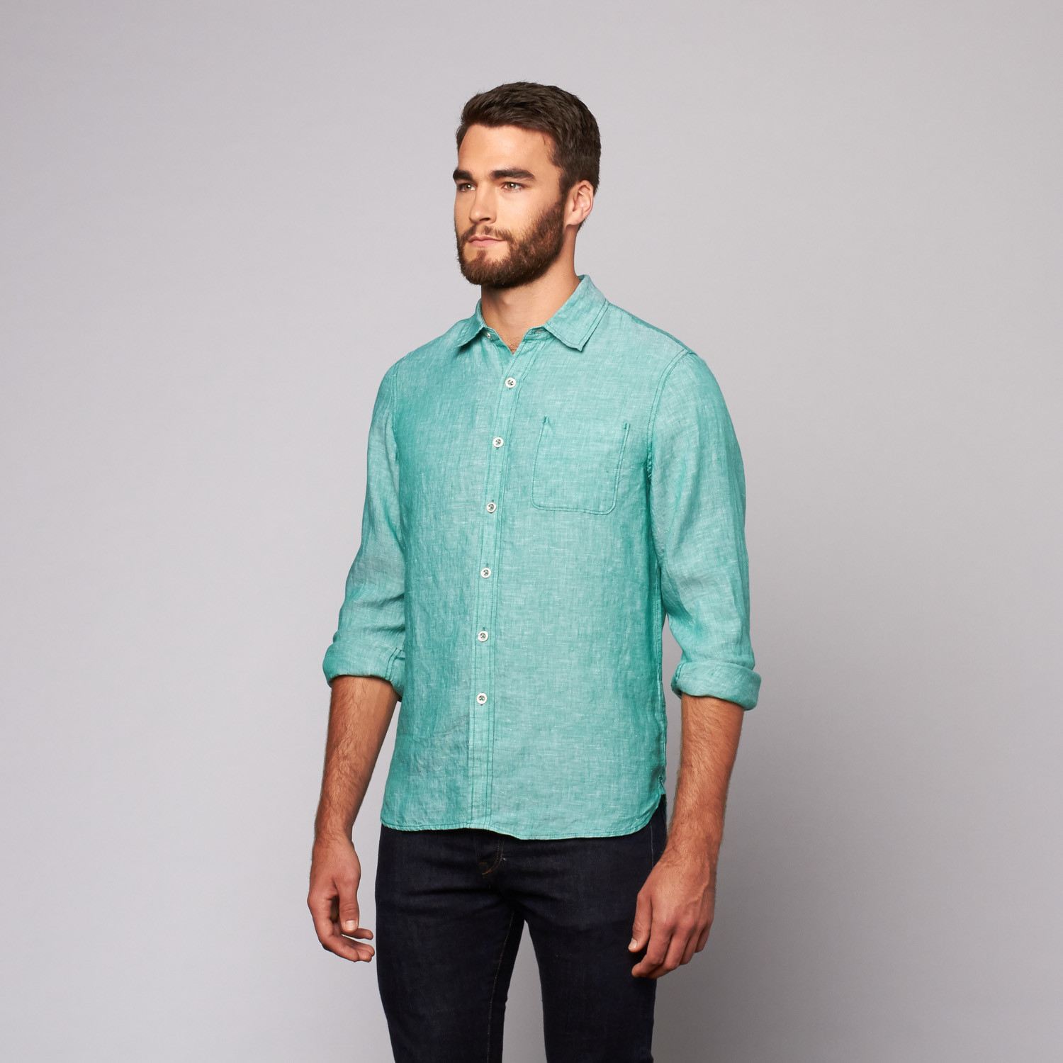 men's solid cotton and linen button up plunging shirt