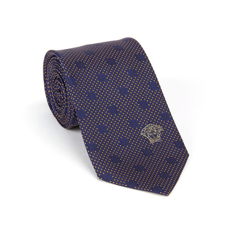 Versace Collection Silk Tie // Navy + Gold Squares