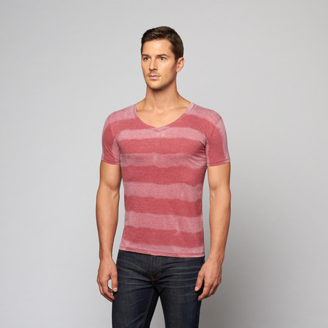 Fantasy Stripe Burnout V-Neck Tee // Ruby (S)