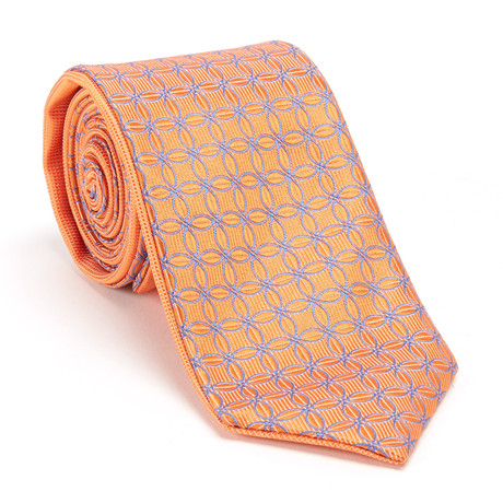 Reversible Printed Tie + Silver Tie Bar Set // Orange