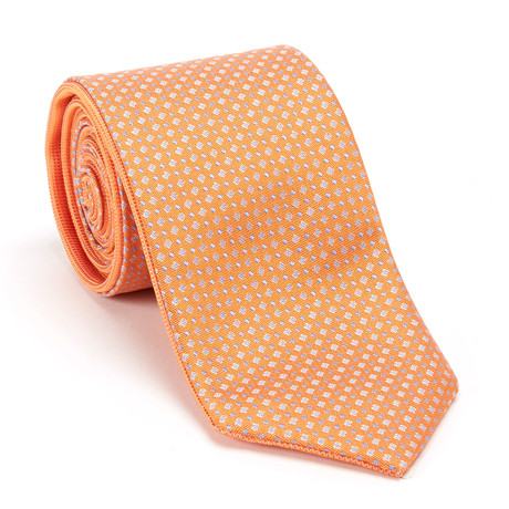 Reversible Micro Print Tie + Silver Tie Bar Set // Orange