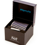 Reversible Striped Tie + Silver Tie Bar Set // Beige + Blue