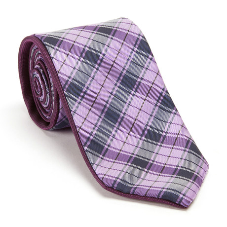 Reversible Plaid Tie + Silver Tie Bar Set // Purple