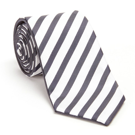 Reversible Striped Tie + Silver Tie Bar Set // Charcoal + White