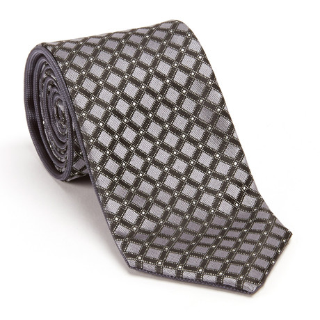 Reversible Square Print Tie + Silver Tie Bar Set // Charcoal