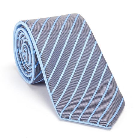 Reversible Striped Tie + Silver Tie Bar Set // Blue + Grey
