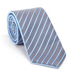 Reversible Striped Tie + Silver Tie Bar Set // Blue + Grey