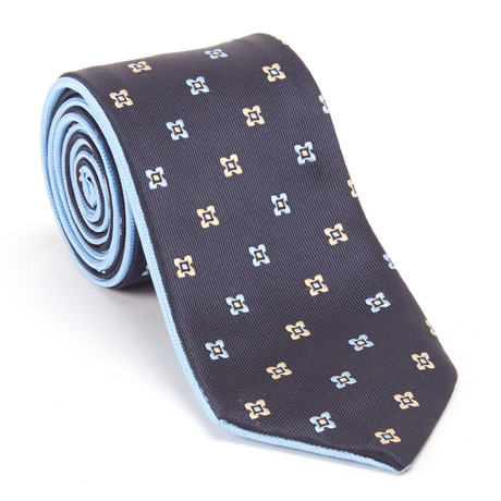Reversible Floral Tie + Silver Tie Bar Set // Navy + Light Blue