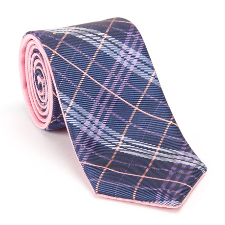 Reversible Plaid Tie + Silver Tie Bar Set // Navy + Purple