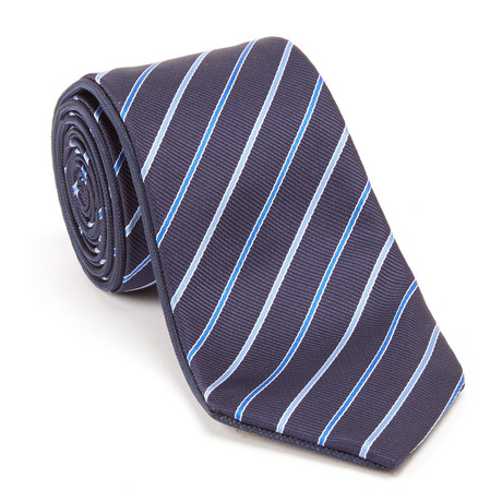 Reversible Striped Tie + Silver Tie Bar Set // Navy