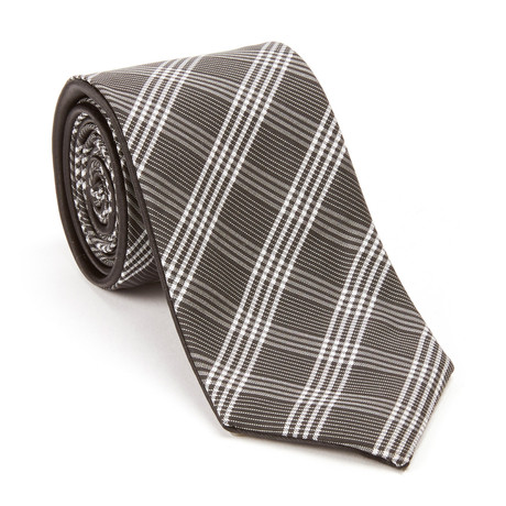 Reversible Plaid Tie + Silver Tie Bar Set // Black + White