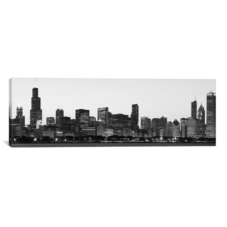 Chicago Panoramic Skyline Cityscape (Black & White - Dusk) // Unknown Artist (36"W x 12"H x 0.75"D)