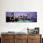 An Illuminated Brooklyn Bridge With Lower Manhattan's Financial District Skyline In The Background, New York City, New York  // Panoramic Images (36"W x 12"H x 0.75"D)