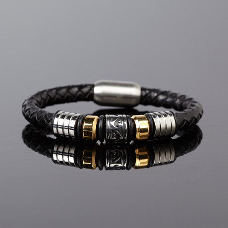 Detailed Leather Bracelet // Black + Gold + Silver
