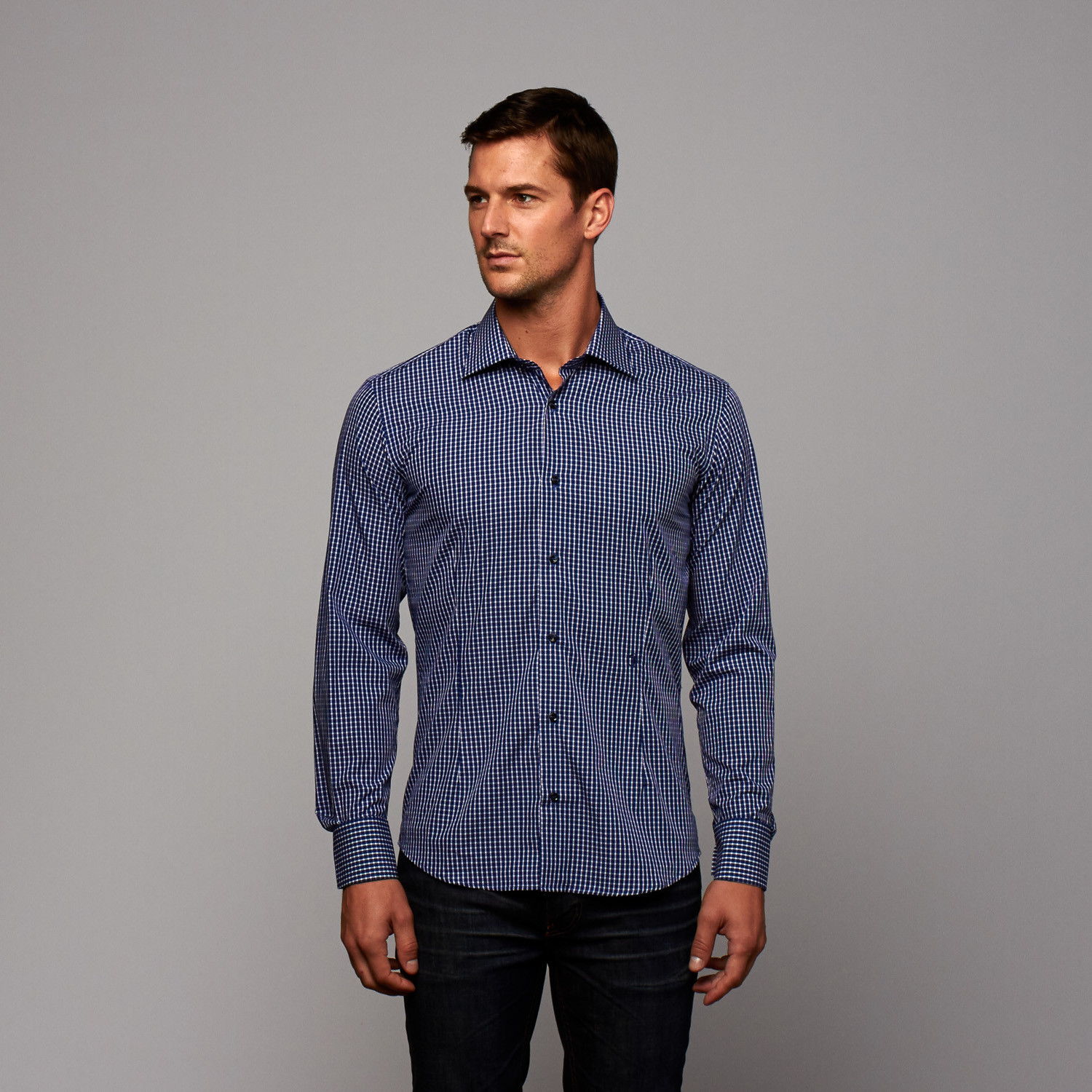 Button-Up Shirt // Navy Blue + White Microcheck (US: 15.5R) - Trussardi ...