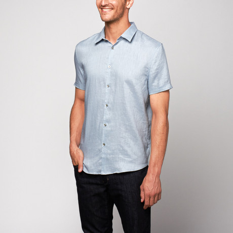 Linen Short Sleeve Button Up Shirt // Pond (S)