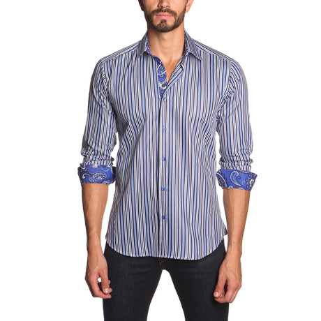 Jared Lang // THOMAS Button-Up Shirt // Blue + Black Stripe (S)