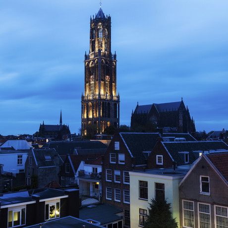 View Of Illuminated Tower In City // Dom Tower of Utrecht // Netherlands (4 Panels // 100"L x 100"W)