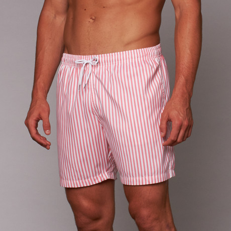 Boardies // Deck Stripe Mid-Length Short // Pink + White (M)