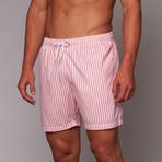 Boardies // Deck Stripe Mid-Length Short // Pink + White (M)