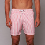 Boardies // Deck Stripe Mid-Length Short // Pink + White (M)